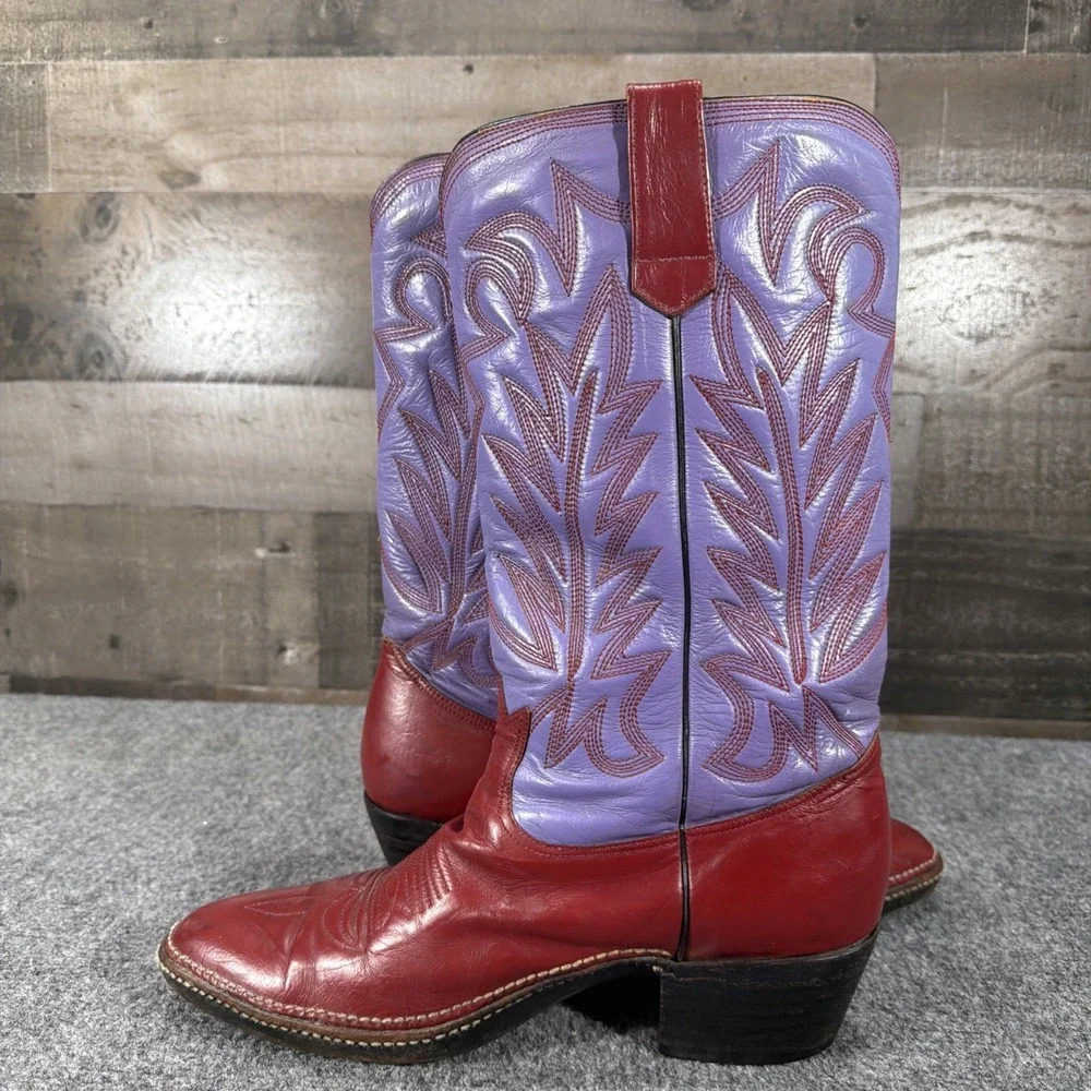 Vintage Botas Patros Leather Cowboy Boots Red Purple Stitch Western Cowgirl 10.5